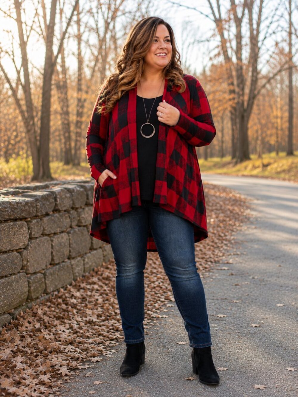 Amazon Tunic Cardigan Sweater Open Front HiLo Hem Buffalo Red/Black Plaid XXL